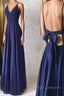 Simple v neck blue long prom dress, blue evening dress