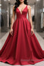 Simple v neck burgundy satin long prom dress burgundy formal dress
