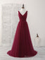 Simple V Neck Burgundy Tulle Long Prom Dress Burgundy Prom Dress