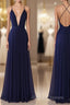 Simple V Neck Dark Blue Tulle Long Prom Dresseses