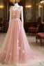 Simple V Neck Pink Tulle Long Prom Dress Pink Tulle A Line Evening Dress