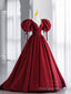 Simple V Neck Puffy Sleeves Satin Long Prom Dress, Satin Prom Dress