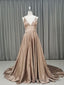 Simple v neck satin champagne long prom dress champagne Prom dress