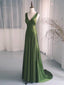 Simple V Neck Satin Green Long Formal Prom Dress, Green Long Formal Dress