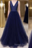 Simple V Neck Tulle Long Prom Dresses Dark Blue Prom Dresses