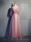 Simple V Neck Tulle Sequin Long Prom Dress, A line Tulle Prom Dresses