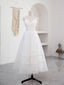 Simple V Neck Tulle Tea Length White Prom Dress, White Bridesmaid Dress