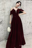 Simple V Neck Velvet Long Prom Dress, Burgundy Formal Evening Dress
