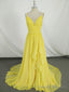 Simple V Neck Yellow Chiffon Long Prom Dress, Yellow Prom Dress