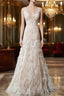 Simple Wedding Dress Lace A Line V Neck Sleeveless Beaded Floor Length Feather Bridal Gown