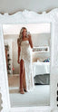 Simple White Prom Dresses Modest Slit Prom Dress Lace Wedding Gowns
