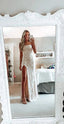 Simple White Prom Dresses Modest Slit Prom Dress Lace Wedding Gowns