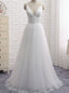 Simple White Spaghetti Straps Tulle V Neck Backless Wedding Dress