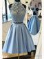 Sky Blue Halter Satin Two Piece Open Back Homecoming Dresses