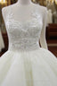 Sleeveless Scoop Yarn Neck Lace Ivory Tulle Asymmetrical Ball Gown Cathedral Train Wedding Dress