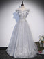 Sliver-Grey Shiny Tulle Off Shoulder Prom Dress, Sliver Long Prom Dresses