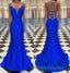Spaghetti Straps Blue Satin Mermaid Prom Dresses