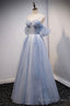 Spaghetti Straps Blue Tulle Long Prom Dress, Off the Shoulder Prom Dress