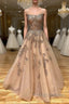 Spaghetti Straps Champagne Lace Tulle Long Prom Dresses Champagne Lace Prom Dresses Champagne Ball Gown