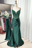 Spaghetti Straps Green Mermaid Prom Dresses With Slit Satin Prom Dresses