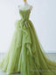 Spaghetti Straps Green Tulle Long Prom Dresses, Green Tulle Long Formal Prom Dresses