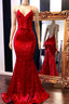Spaghetti Straps Lace-Up Red Sequins V-Neck Mermaid Prom Dresses