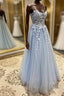 Spaghetti Straps Light Blue Lace Prom Dresses, Light Blue Lace Formal Evening Dresses