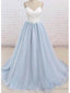 Spaghetti Straps Sweep Train Backless Light Blue Tulle Prom Dress Evening Dress