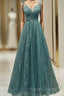Spaghetti Straps Tulle Modest A Line Evening Dress Long Prom Dress