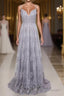 Spaghetti Straps Long Lace Prom Gown A Line V Neck Sleeveless Prom Dress