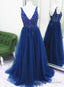Sparkle Beaded Tulle V Neckline Floor Length Prom Dress, Blue Junior Prom Dresses Formal Dresses