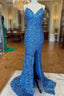 Sparkle Blue Sequin Prom Dress Iridescent Mermaid Long Prom Dress Side Slit