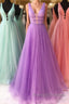Sparkly A Line V Neck and V Back Prom Dresses with Thin Belt, Formal Graduation Evening Dresses