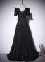 Sparkly Black A-Line V-Neck Short Sleeve Sequin Long Formal Prom Dress