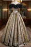 Sparkly Black And Gold Glitter Prom Dress Ball Gown Off The Shoulder Prom Dresses