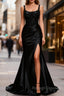 Sparkly Black Floral Spaghetti Straps Mermaid Long Prom Dress with Slit