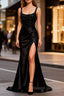 Sparkly Black Spaghetti Straps Mermaid Prom Dresses Long with Slit