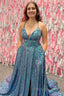 Sparkly Blue A Line Sequins Long Prom Dress with Pockets