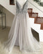Sparkly Crystal Beaded V-Neck Tulle Split Prom Dress