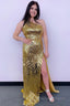 Sparkly Golden Sequins One Shoulder Long Prom Dress with Slit