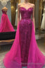 Sparkly Hot Pink Detachable Train Sequins Long Prom Dresses