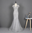 Sparkly Light Grey Mermaid V-Neck Beaded Tulle Train Formal Prom Dress