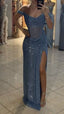 Sparkly Mermaid Off The Shoulder Blue Sequin Long Slit Evening Party Gowns Evening Dress Special Formal Dresses Prom Dress