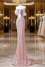 Sparkly Mermaid Straps Pink Tulle Pearls Long Prom Dresses