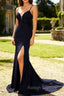 Sparkly Navy Spaghetti Straps Mermaid Long Prom Dress with Slit