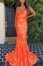 Sparkly Orange Sequin V Neck Mermaid Long Prom Dress