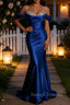 Sparkly Royal Blue Mermaid Cold Shoulder Sequined Ruched Satin Long Prom Dress
