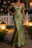 Sparkly Sage Green Mermaid Cold Shoulder Sequined Ruched Satin Long Prom Dress