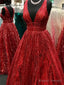 Sparkly Sequins A-Line V-Neck Red Prom Dresses