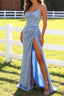 Sparkly Sequins Mermaid Light Blue Prom Dress with Slit